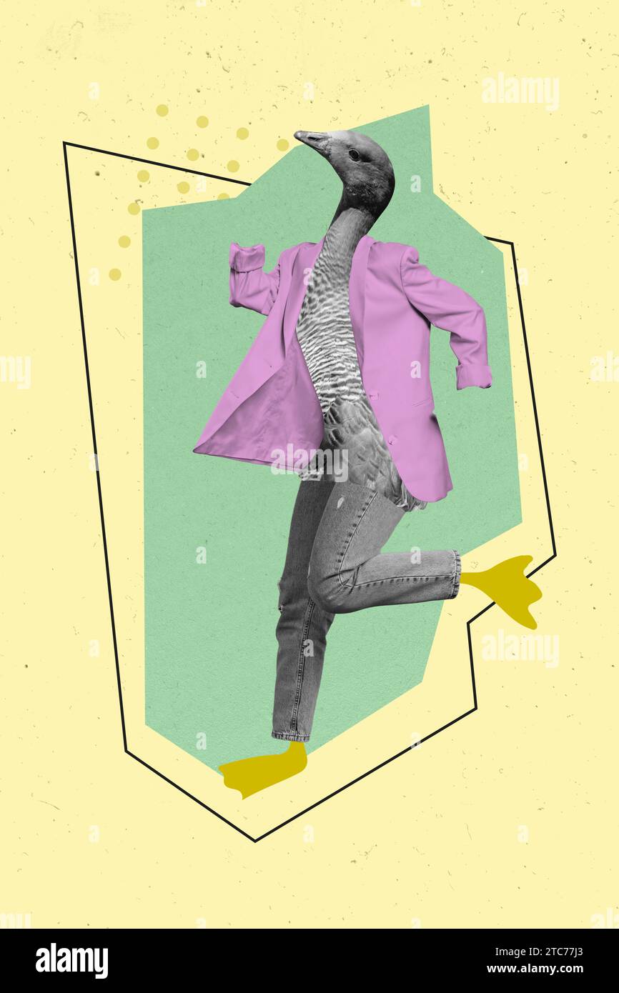 Kreative Zeichnung Collage Bild von lustiger Person Entenkopf Beine Diskothek Tanz Surrealismus Freak bizarr ungewöhnliche Fantasy Plakatwand Stockfoto