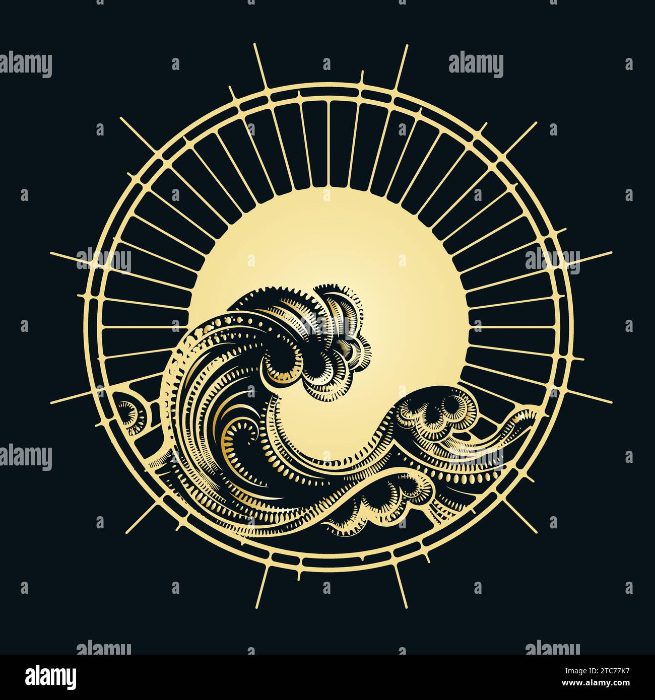 Golden Ocean Wave in Sunlight Circle Backround Emblem. Handgezeichnete Vektorillustration isoliert auf schwarzem Hintergrund. Es wurde keine AI verwendet. Stock Vektor