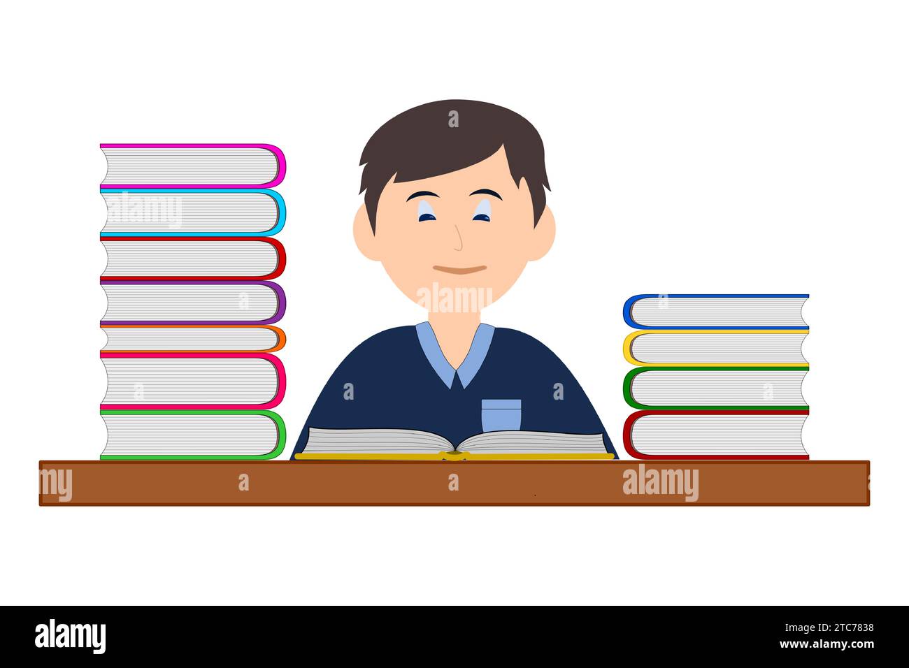 Der Junge lernt eine Menge Bücher Stock Vektor