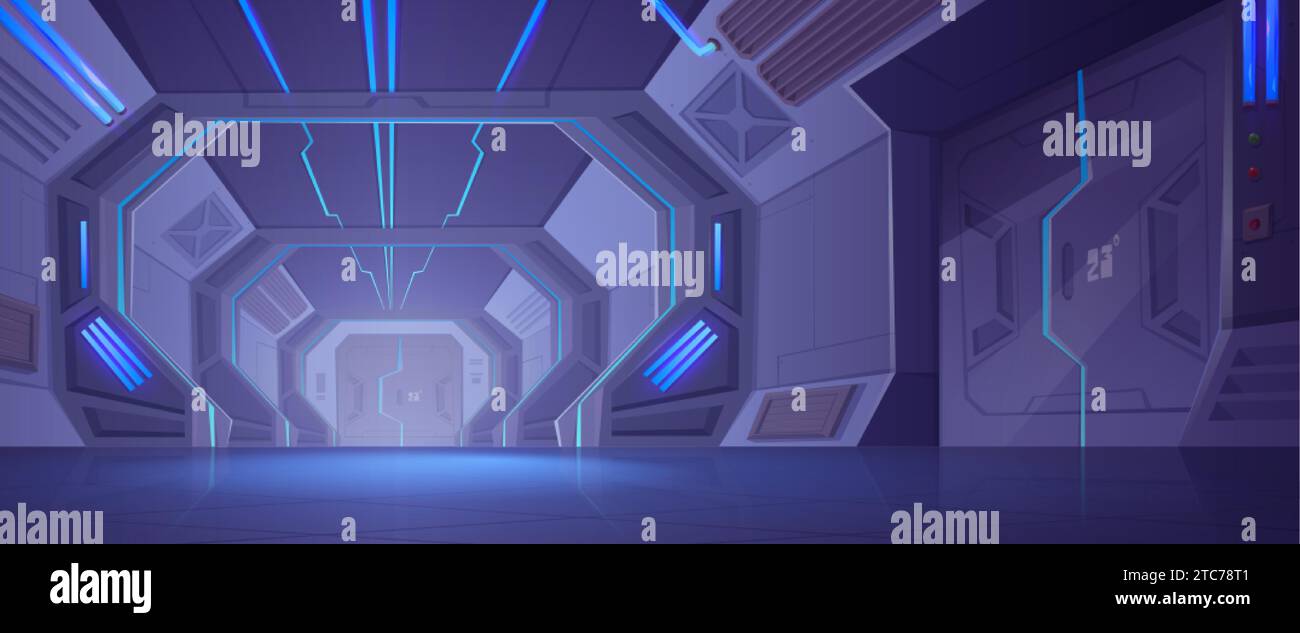 Futuristische Metalltür des Raumschiffs auf dem inneren Hintergrund des Schiffes. Digitale 2D-Laborstation mit Neonlicht im Schleusenkorridor mit Schiebestahl Stock Vektor