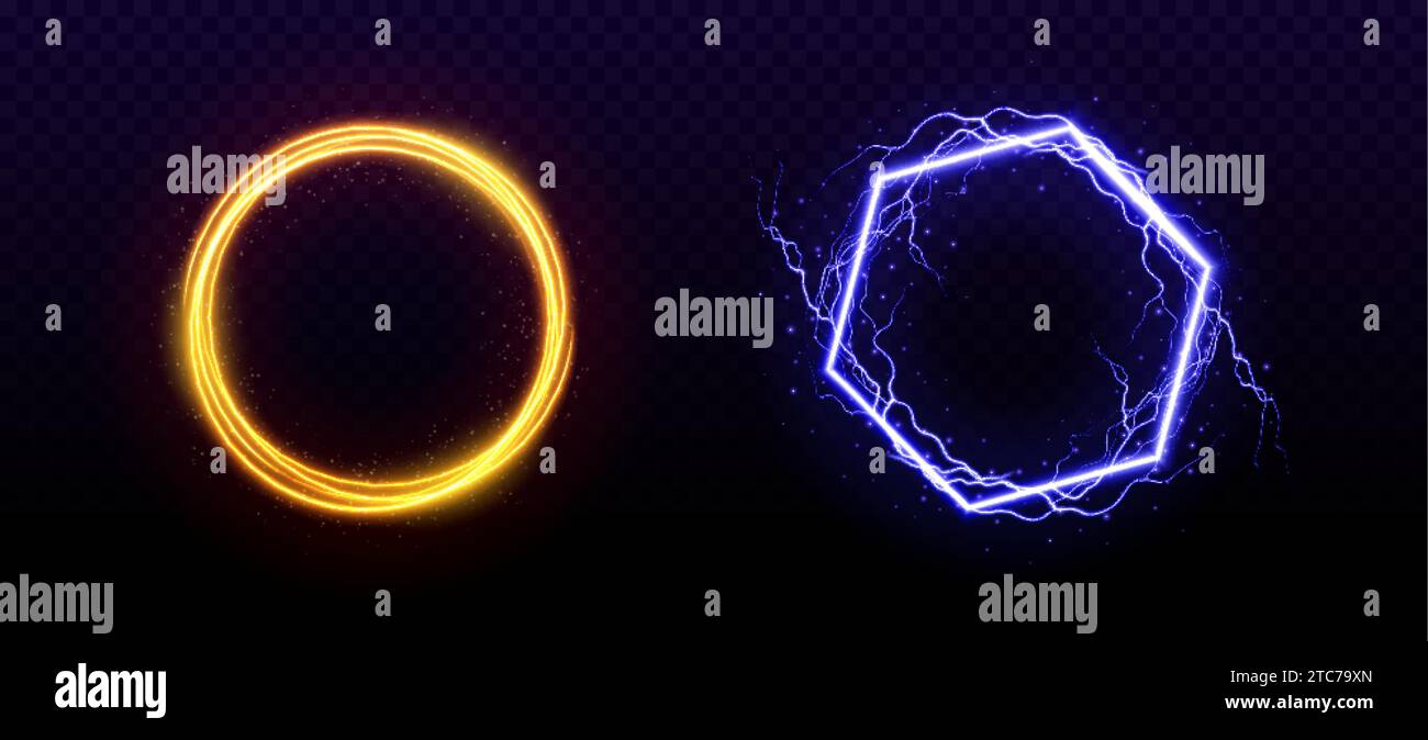 Magische Portale mit Blitzschlag und schimmernden Effekten. Vektorrealistische Illustration von runden und sechseckigen orange und blauen Avatarrahmen dez Stock Vektor