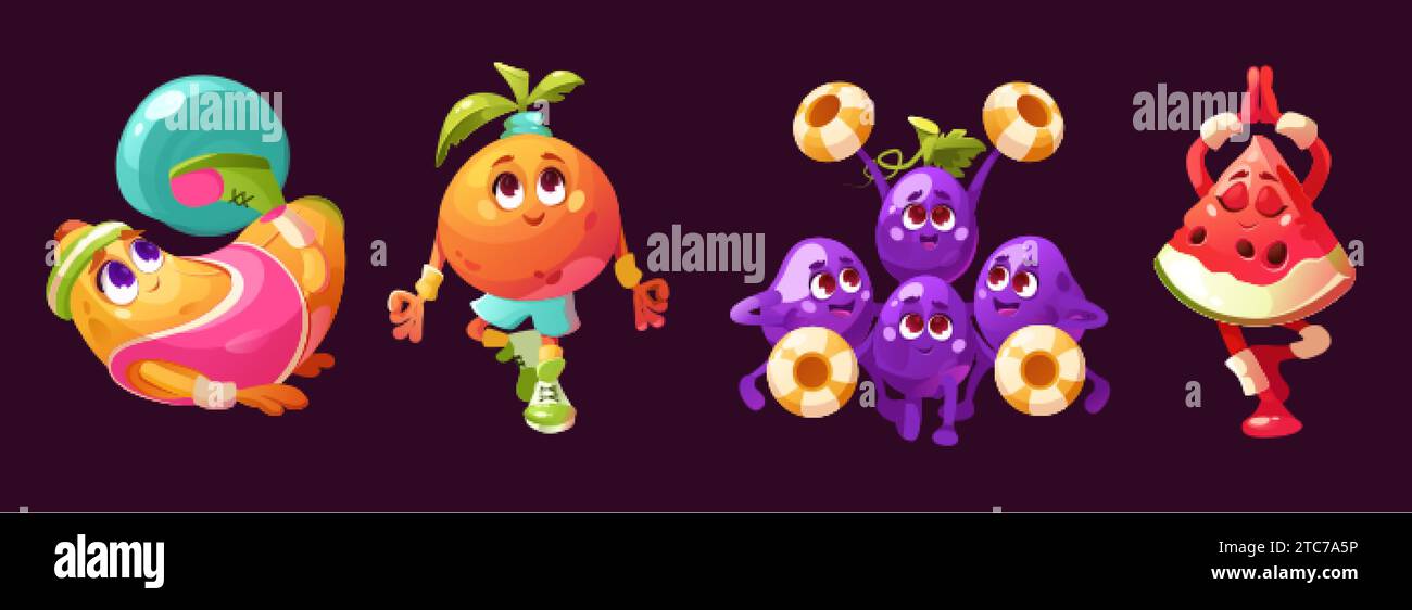 Früchte-Zeichentrickfiguren, die Sportübungen und Yoga machen. Vektor-Illustration Set von Banane mit Fitness Ball, Orange und Wassermelone stehend in Asana Stock Vektor