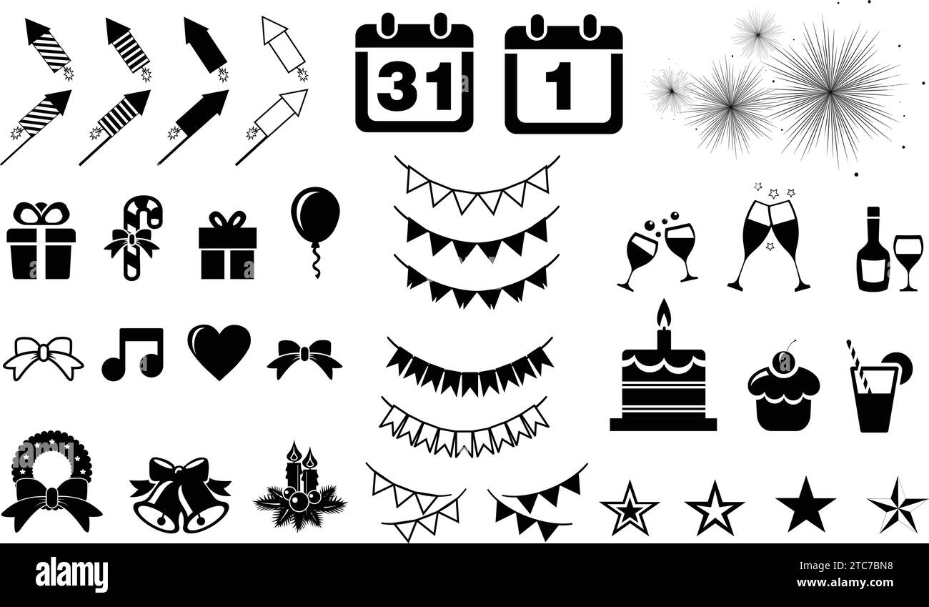 Silvester-Symbol Setzen Sie Partysymbole im Line-Style. Geburtstag, Tanz, Happy New Year, Woche, weihnachten, Veranstaltung, Feiertage, Karneval, Sammlung Stock Vektor