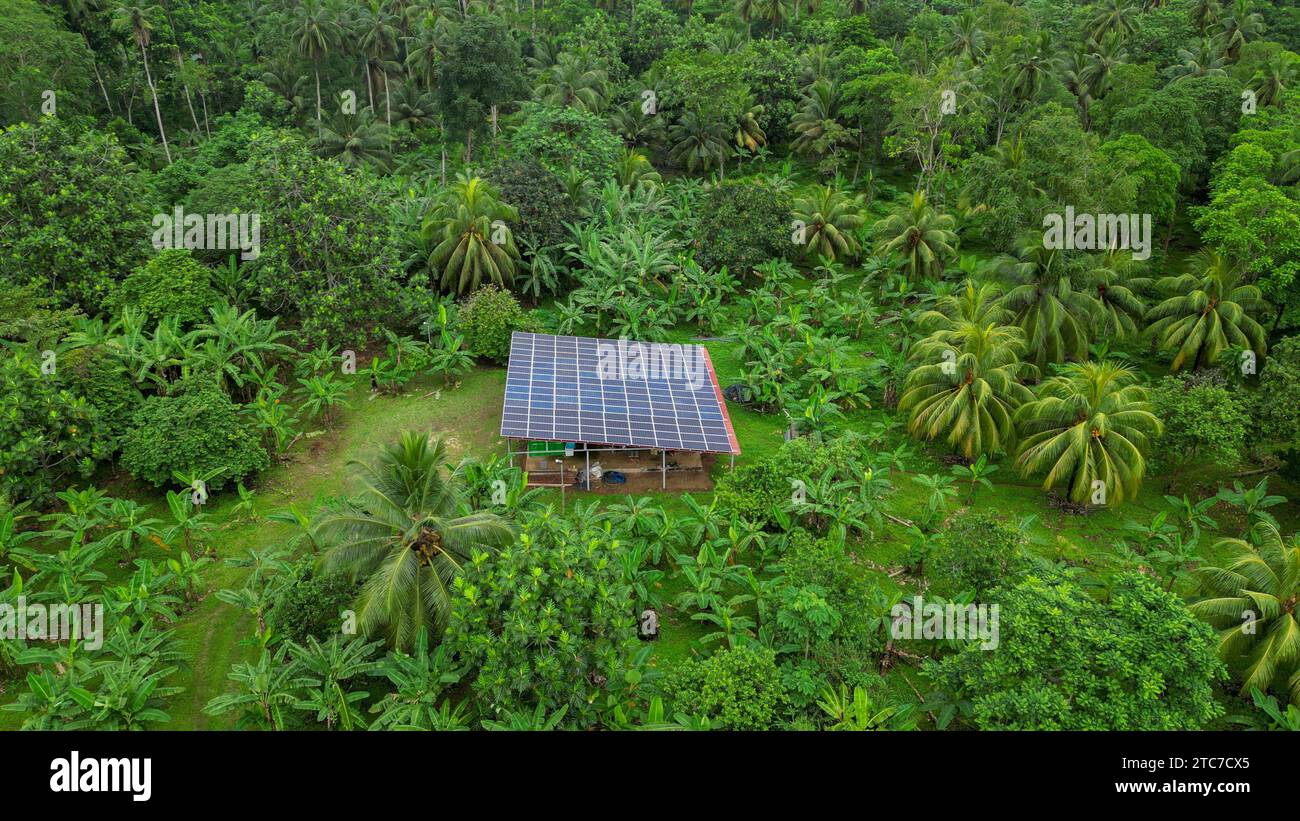 Luftaufnahme von Photovoltaikzellen, die Sonnenenergie auf dem Dach des Hauses in der Mitte eines Waldes in Sao Tome e Principe, Afrika absorbieren Stockfoto