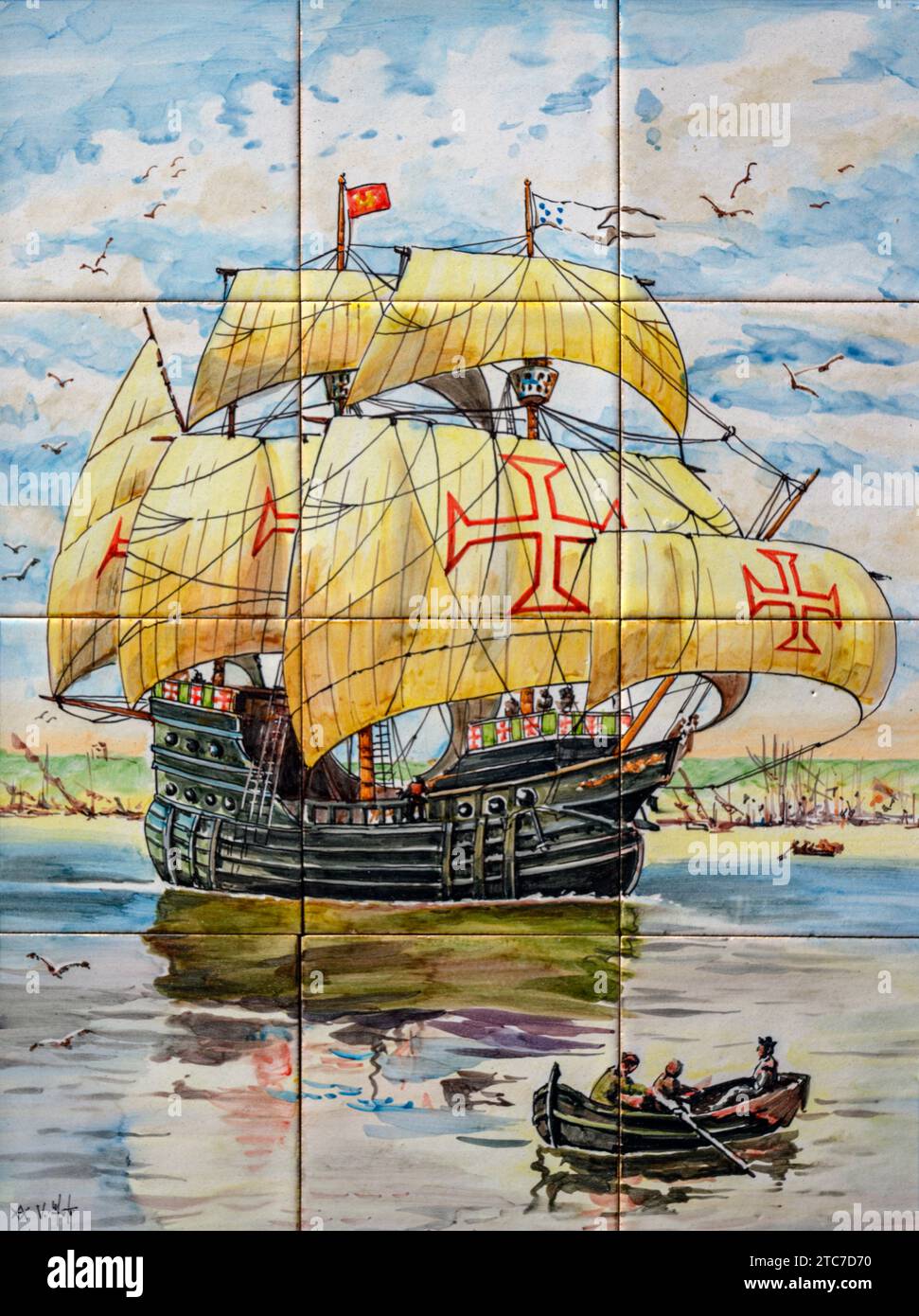 Ein Templer-man'o-Krieg (manchmal auch als portugiesisches Geschützschiff bezeichnet), gemalt auf Fliesen, fotografiert in Evora, Alentejo, Portugal Stockfoto