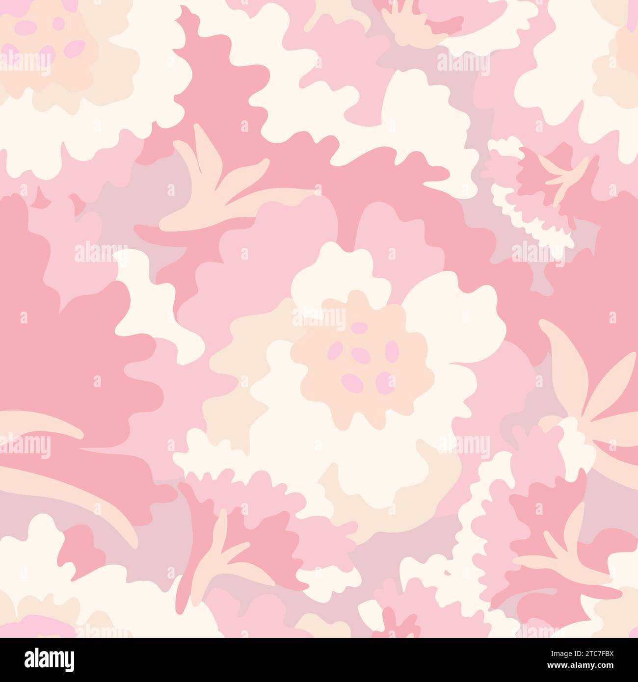 Ein weißes und rosafarbenes Blumenmuster im großen Stil, traumhafte Illustration, sanfte Farbpalette, flüssig Stock Vektor