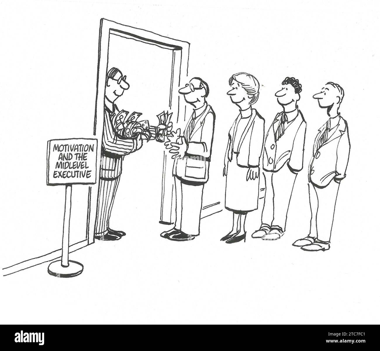 BW-Cartoon-Illustration, in der ein männlicher Chef Bargeld an leitende Mitarbeiter verteilt, „Motivation and the Mid-Level Executive“. Stockfoto