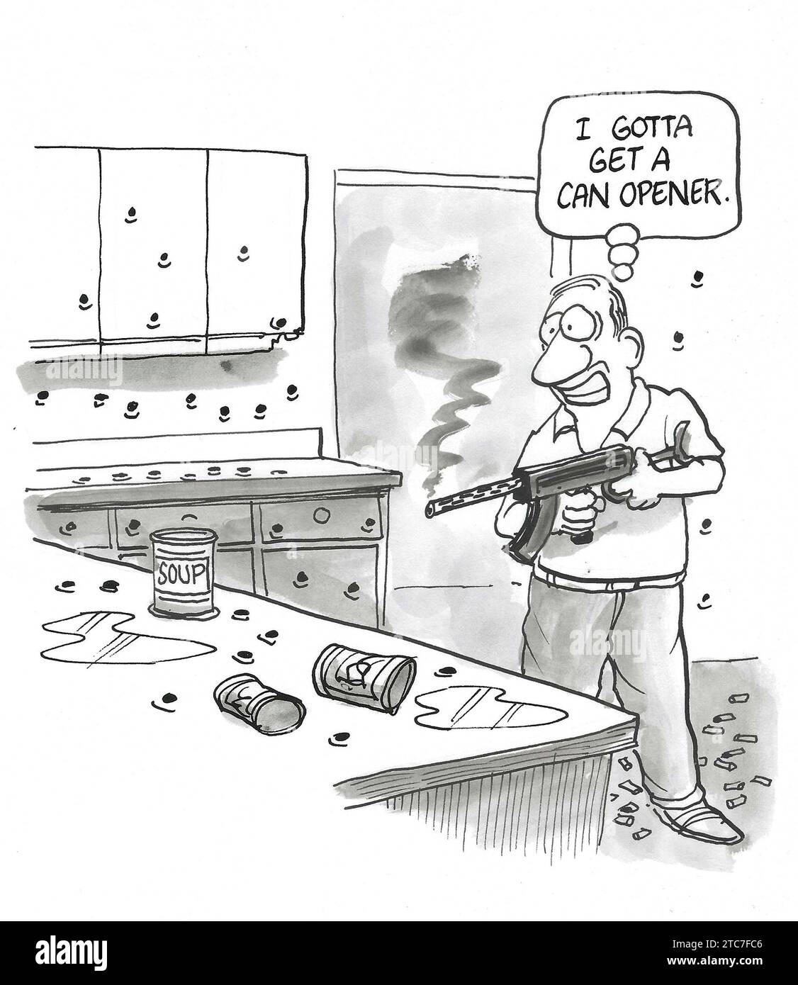 BW-Cartoon eines Mannes, der eine AR-15 Pistole benutzt, um Suppendosen zu öffnen, er braucht einen Dosenöffner. Stockfoto