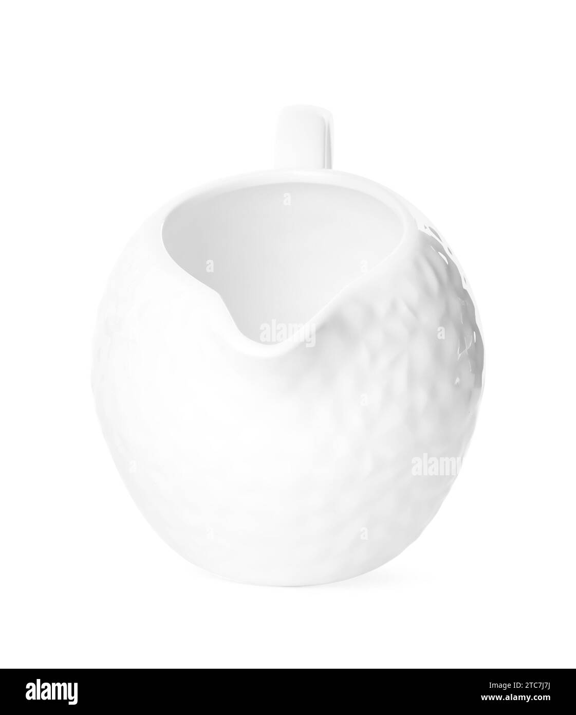 Reinigen Sie die leere, auf Weiß isolierte Kanne mit Keramiksauce Stockfoto