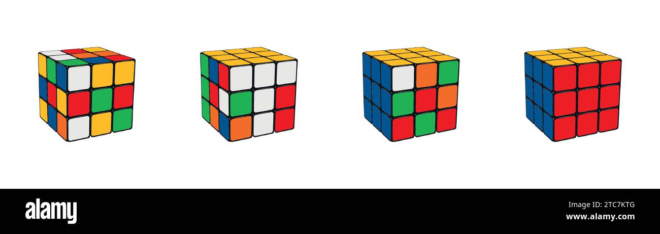 Rubik-Würfelspiel. Quadratisches Objekt, gelöstes intelligentes Spielzeug, mehrfarbige Bildung schwierige Spielbox andere Seitenansicht. Realistisches Objekt verschiedene Farben kombiniert Stock Vektor