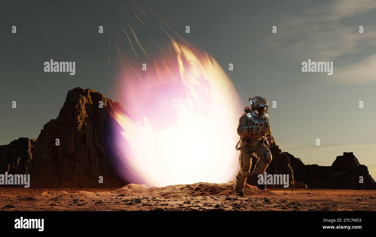 Der Astronaut entkommt vor dem herabfallenden Kometen Asteroiden, feuriger Asteroid aus dem Weltraum stürzt auf die Oberfläche des roten Planeten Mars. Katastrophe. 3D-Rendering Stockfoto