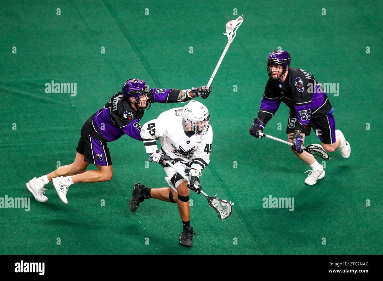 Fort Worth, Texas, USA. Dezember 2023. Panther City Lacrosse Club-Transition-Spieler TONY MALCOLM (2) und Teamkollege DYLAN HUTCHISON (55) kommen am Sonntag in Panther City in der Dickies Arena in Fort Worth, Texas, dem Offensive-Spieler der Las Vegas Desert Dogs DYLAN WATSON (45) gleich. Las Vegas gewann den Wettbewerb 11-10 in Überstunden, während 12:05 Uhr in der OT-Periode blieb. (Kreditbild: © Brian McLean/ZUMA Press Wire) NUR REDAKTIONELLE VERWENDUNG! Nicht für kommerzielle ZWECKE! Stockfoto