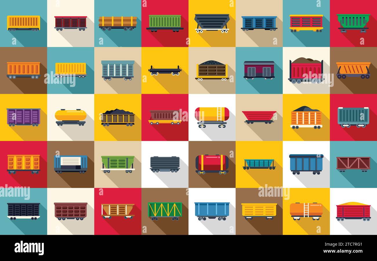 Symbole für Güterwagen mit Zugwagen setzen einen flachen Vektor. Dieselseite. Lokomotive Autoladung Stock Vektor