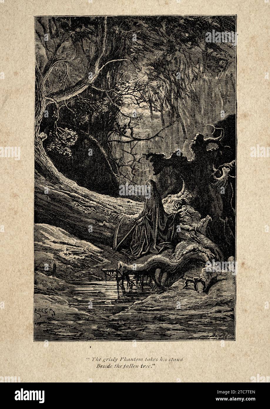 Grim Reaper, Death, Waiting in a Dark Forest, Horror, Spooky, Vintage Illustration aus einem Gedicht von Thomas Hood, das gruselige Phantom nimmt seinen Stand Stockfoto