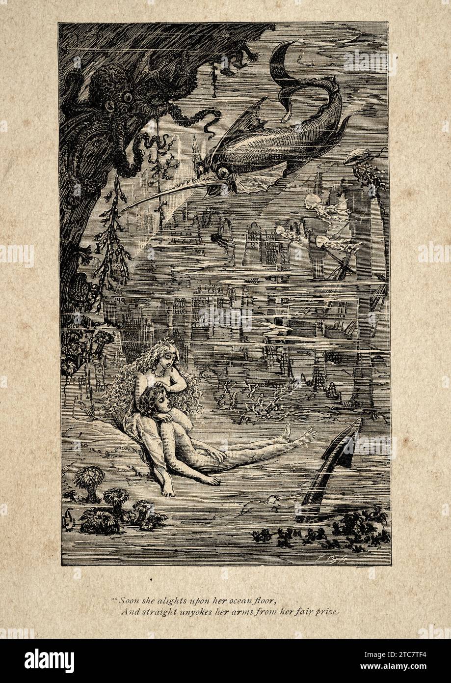 Meerjungfrau unter dem Meer, mit einem ertrunkenen Seemann, Vintage Illustration aus einem Gedicht von Thomas Hood, bald steigt sie auf ihrem Meeresboden auf und gerade uny Stockfoto