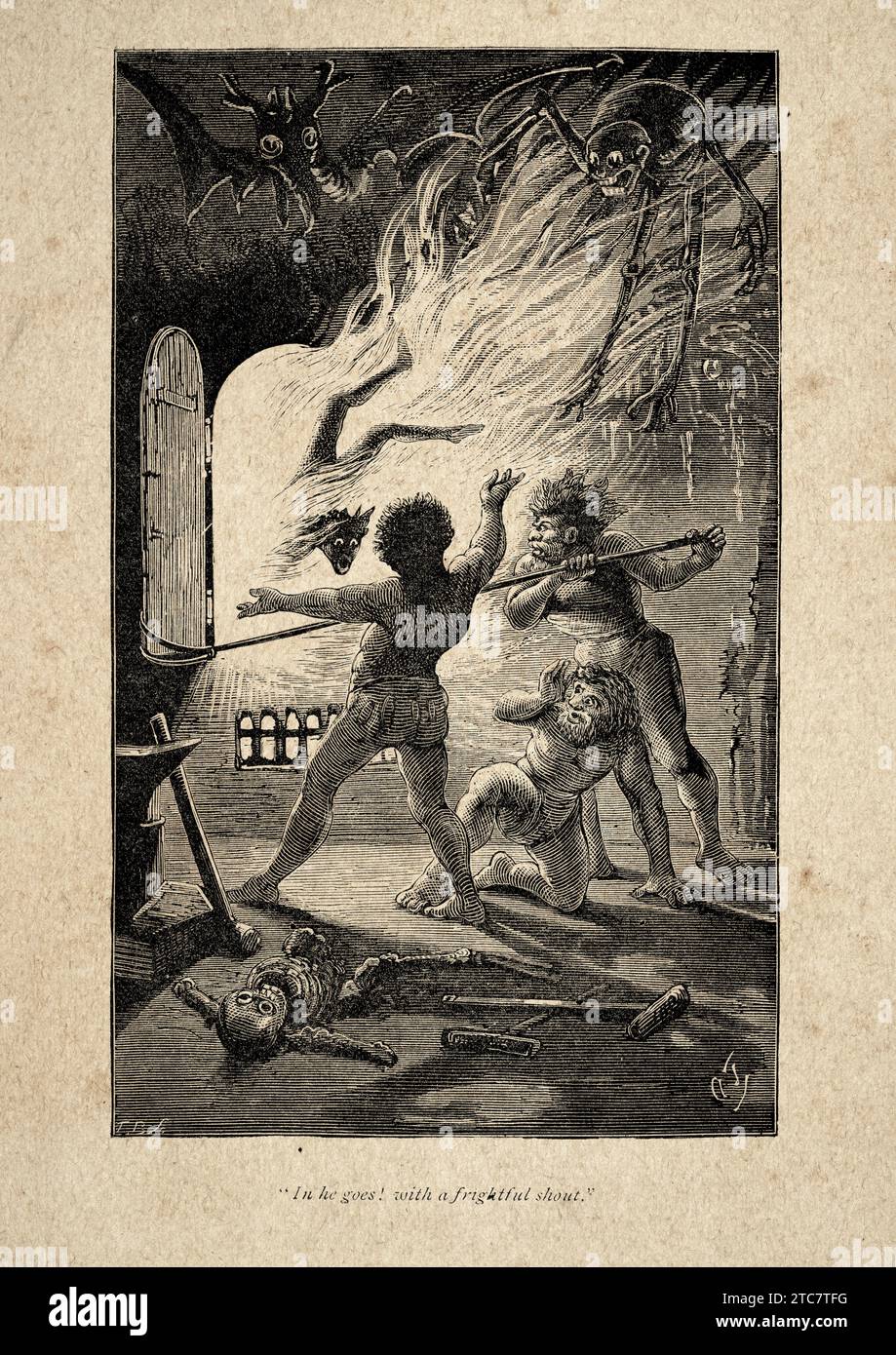 Männer werfen Teufel und Dämonen in einen Ofen, Vintage Illustration aus einem Gedicht von Thomas Hood, in ihm geht ein schrecklicher Ruf Stockfoto
