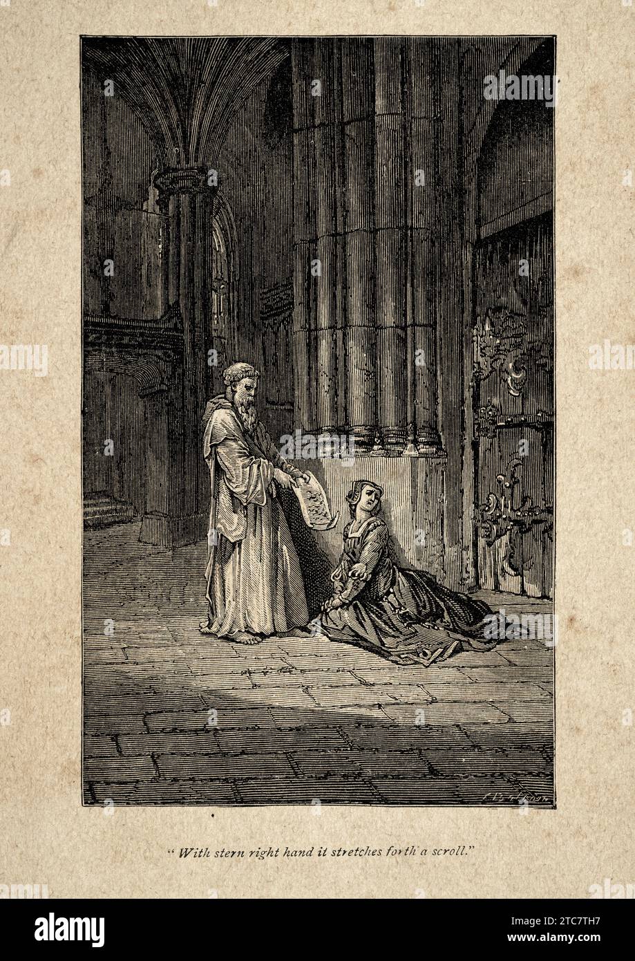 Mönchspriester beschuldigt eine Frau, mit der rechten rechten Hand, Vintage-Illustration aus einem Gedicht von Thomas Hood, mit der rechten Hand dehnt sie einen Scro aus Stockfoto