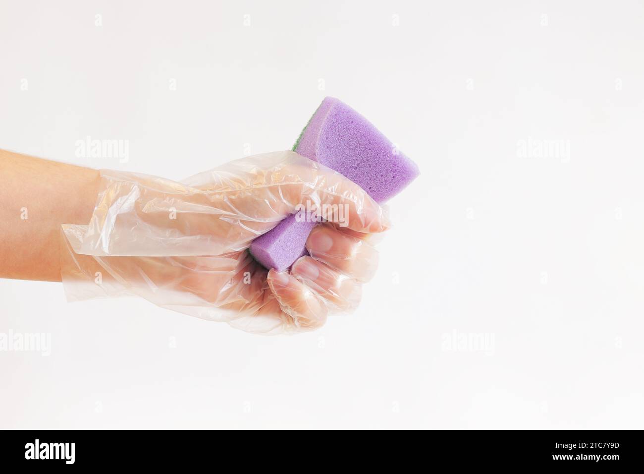 Ein lila Schwamm zum Geschirrspülen in der Hand einer Frau auf hellem Hintergrund. Eine Hand in einem transparenten Einweghandschuh hält einen Schwamm für die Nassreinigung. Stockfoto