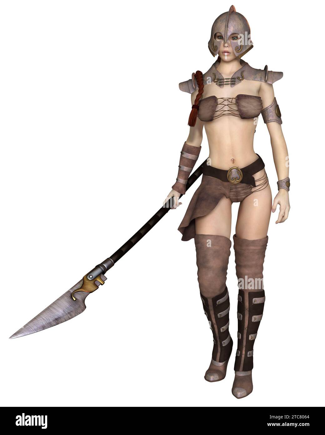 Weibliche Fantasy Barbarienjägerin mit Speer Stockfoto