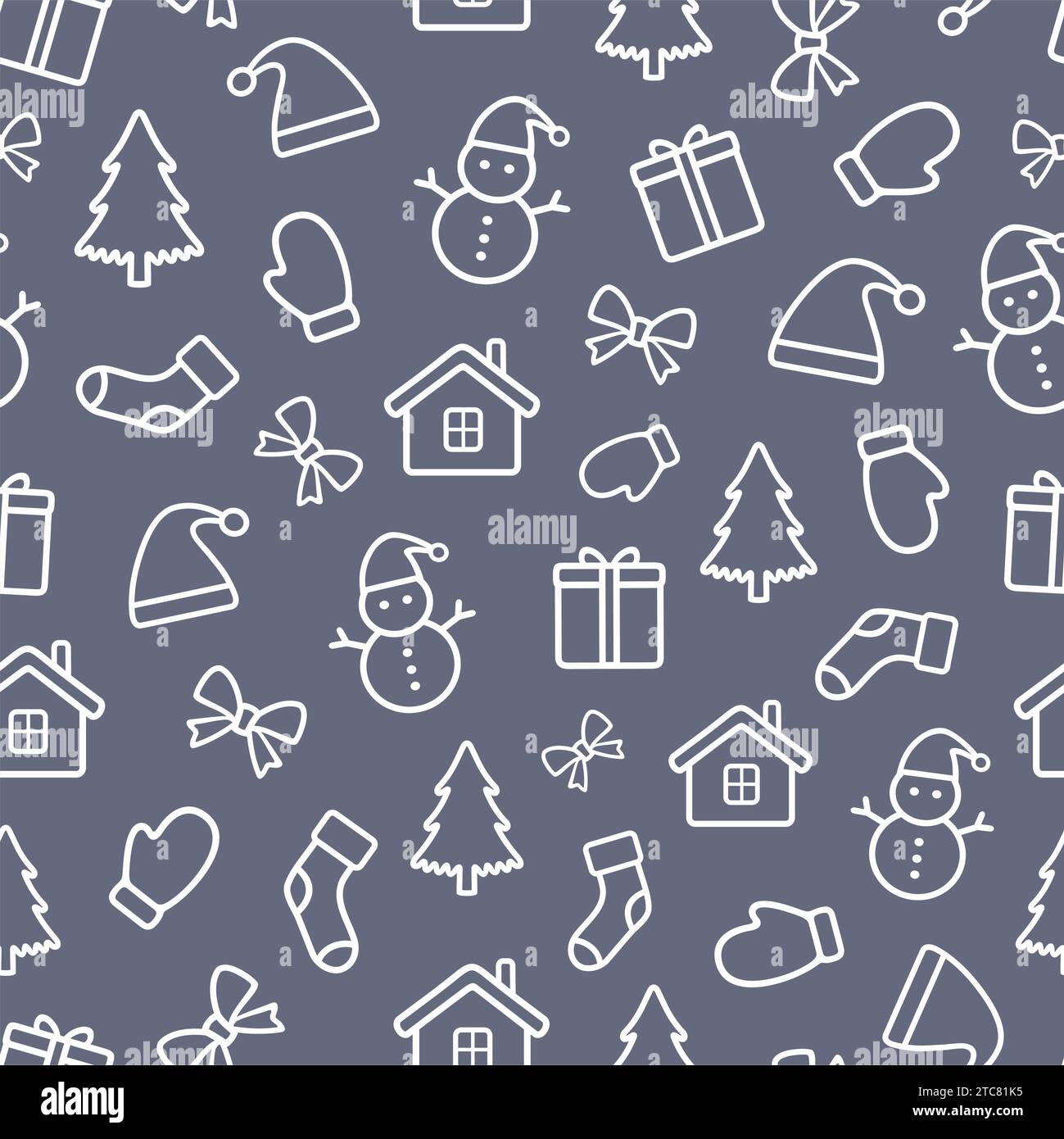 Nahtloses Muster mit Weihnachtsaccessoires: Geschenkbox, Haus, Schleife, Schneemann, Tanne, Socke, Fäustling. Festlicher Hintergrund. Vektor-Illustration zum guten neuen Jahr Stock Vektor