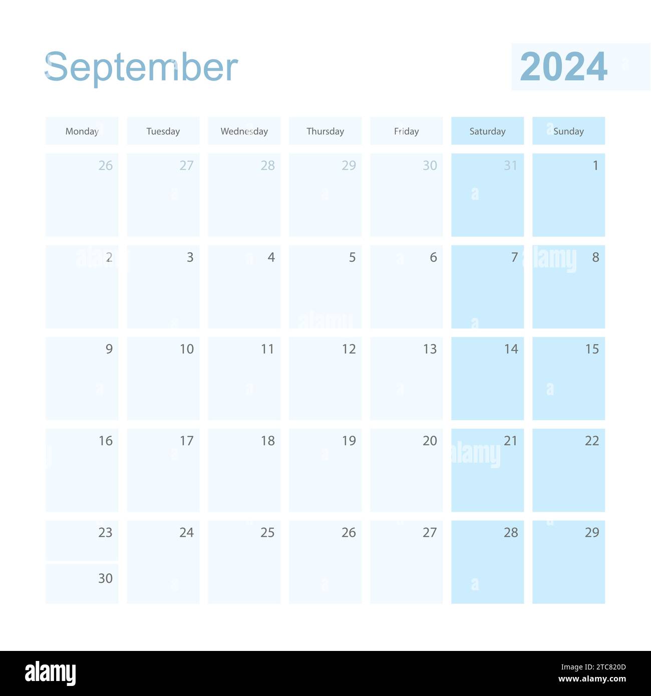 2024. September Wandplaner in blauer Pastellfarbe, die Woche beginnt am Montag. Kalender für September 2024 mit blauem Quadrat und Vortag und nex Stock Vektor