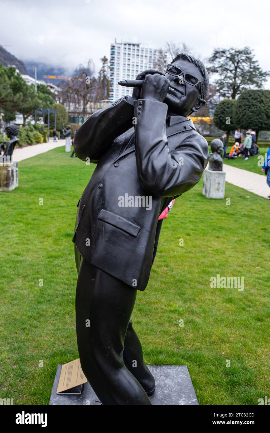 Montreux, Schweiz - 31. März 2018: Denkmal von Claude Nobs, Gründer und Geschäftsführer des Montreux Jazz Festivals Stockfoto
