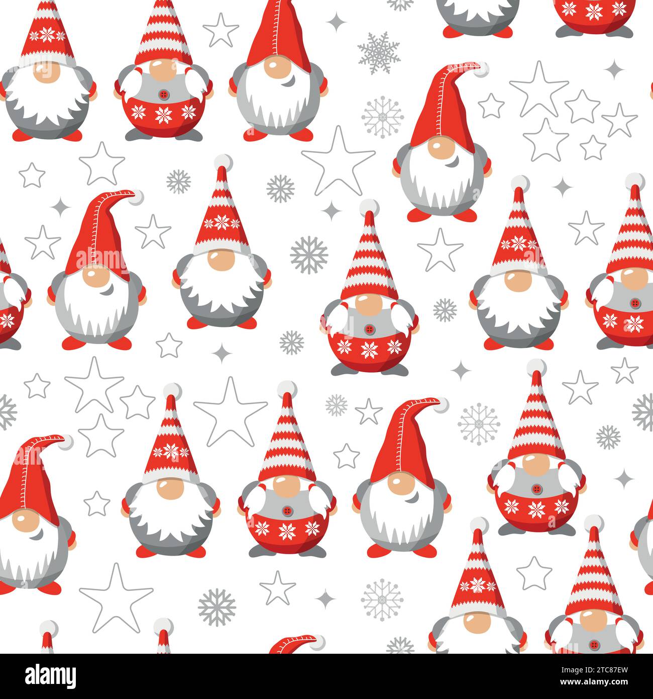 Vektor nahtlose Muster weihnachtszwerge isoliert auf weiß. Zeichentrickfiguren. Weihnachtsdesign für Weihnachtsdekoration, Begrüßung. Stock Vektor