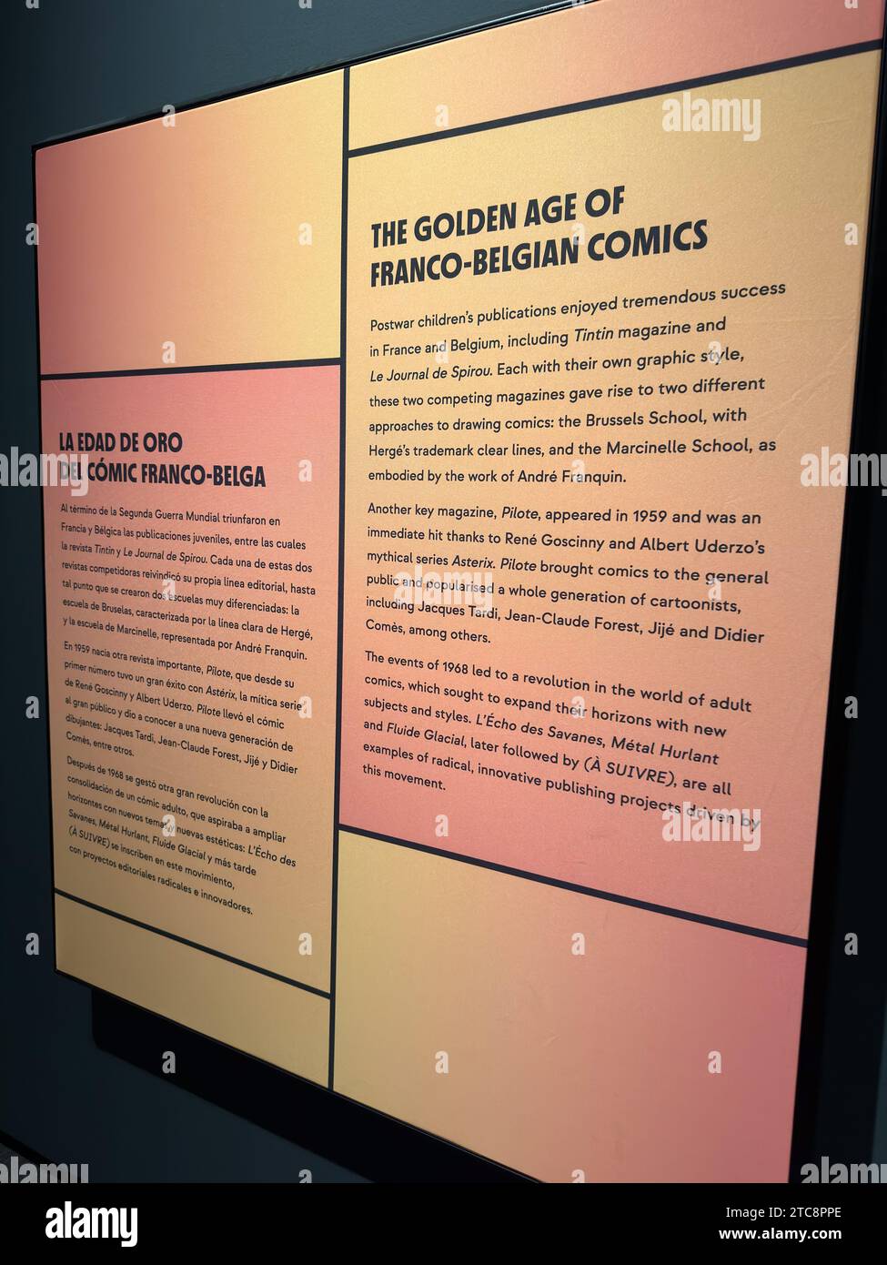 Die Ausstellung „Comic, Dreams and History“ im CaixaForum bietet eine Führung durch einige der besten Comics der Geschichte und vertieft sich in den Produktionsprozess von Comics Stockfoto