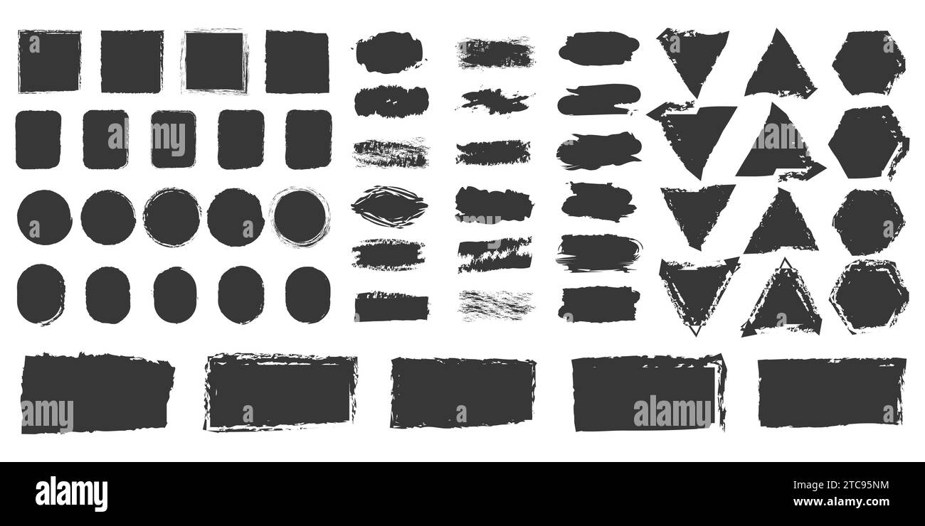 Satz von Grunge Rahmen Stempel, Quadrate, ovale Hintergründe Pinselstriche, dekorative Pinsel Vektor Silhouetten, Aufkleber Rahmen Stock Vektor