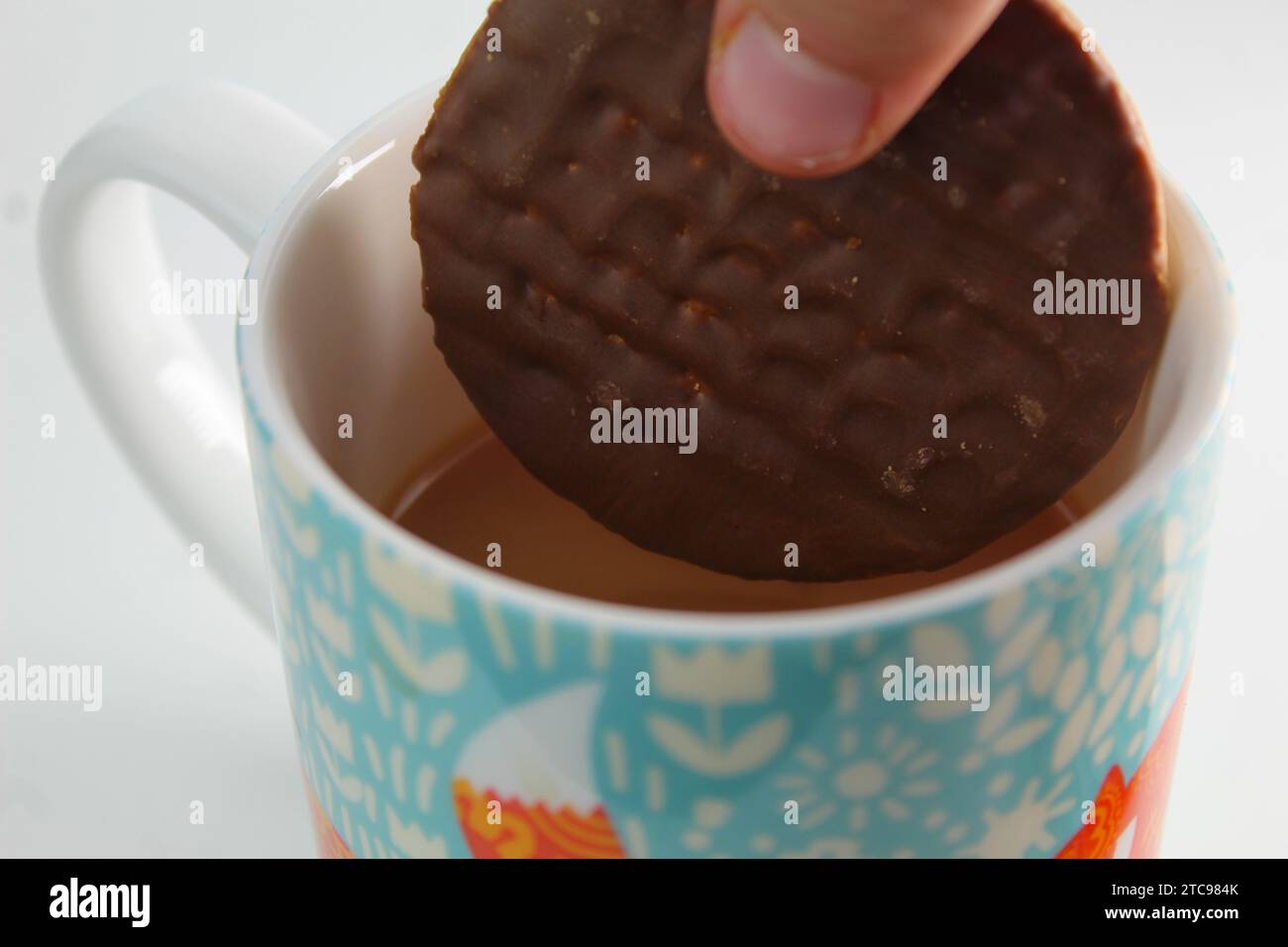 Ein Nahfoto einer Person, die ein Schokoladenverdauungsmittel in eine Tasse Tee taucht. Stockfoto