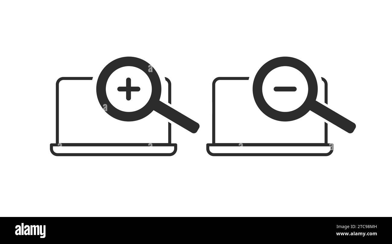 Notebook-Symbol. Vektor-isolierte editierbare Rückseite und weiße Illustration eines Laptops mit einem Vergrößerungsglas Stock Vektor