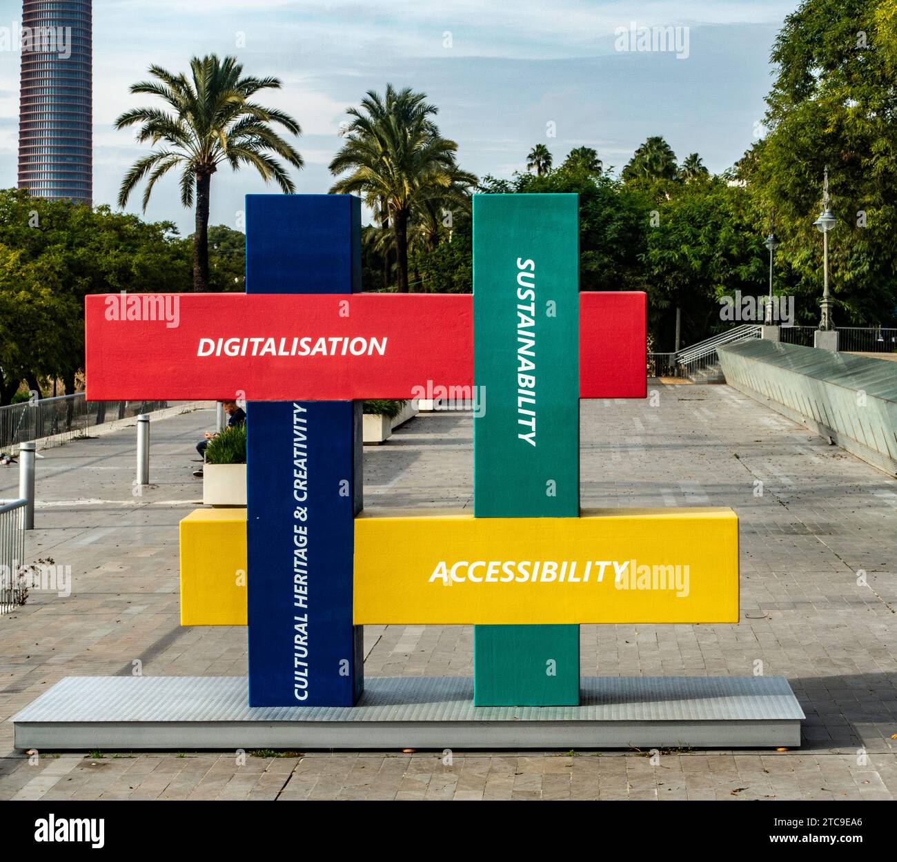 Farbenfrohe Wegweiser mit thematischen Worten über die Verbote des Flusses Guadalquivir in Sevilla, Spanien Stockfoto