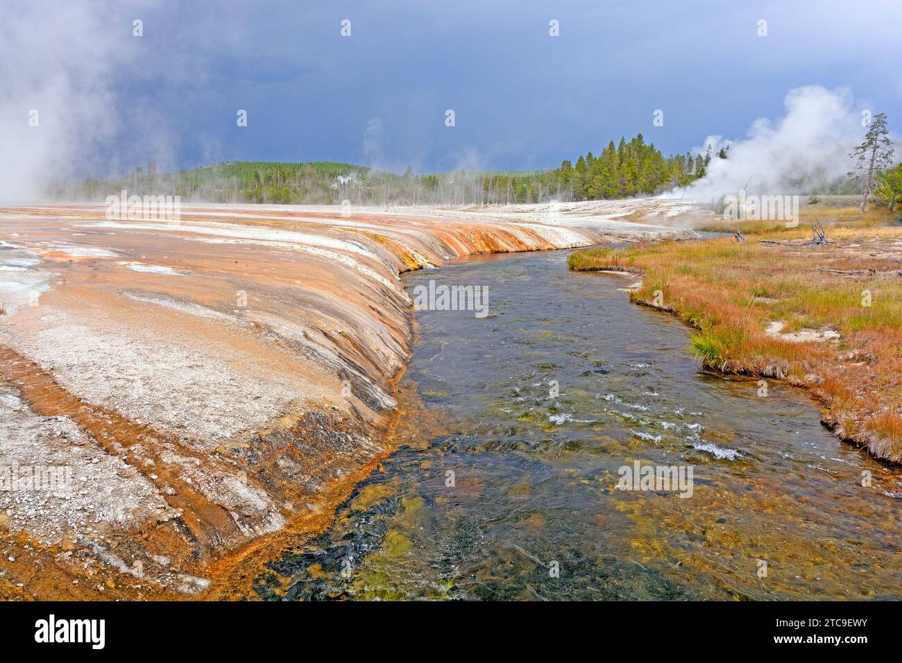 Farbenfrohe Ufer des Firehole River im Yellowstone-Nationalpark in Wyoming Stockfoto