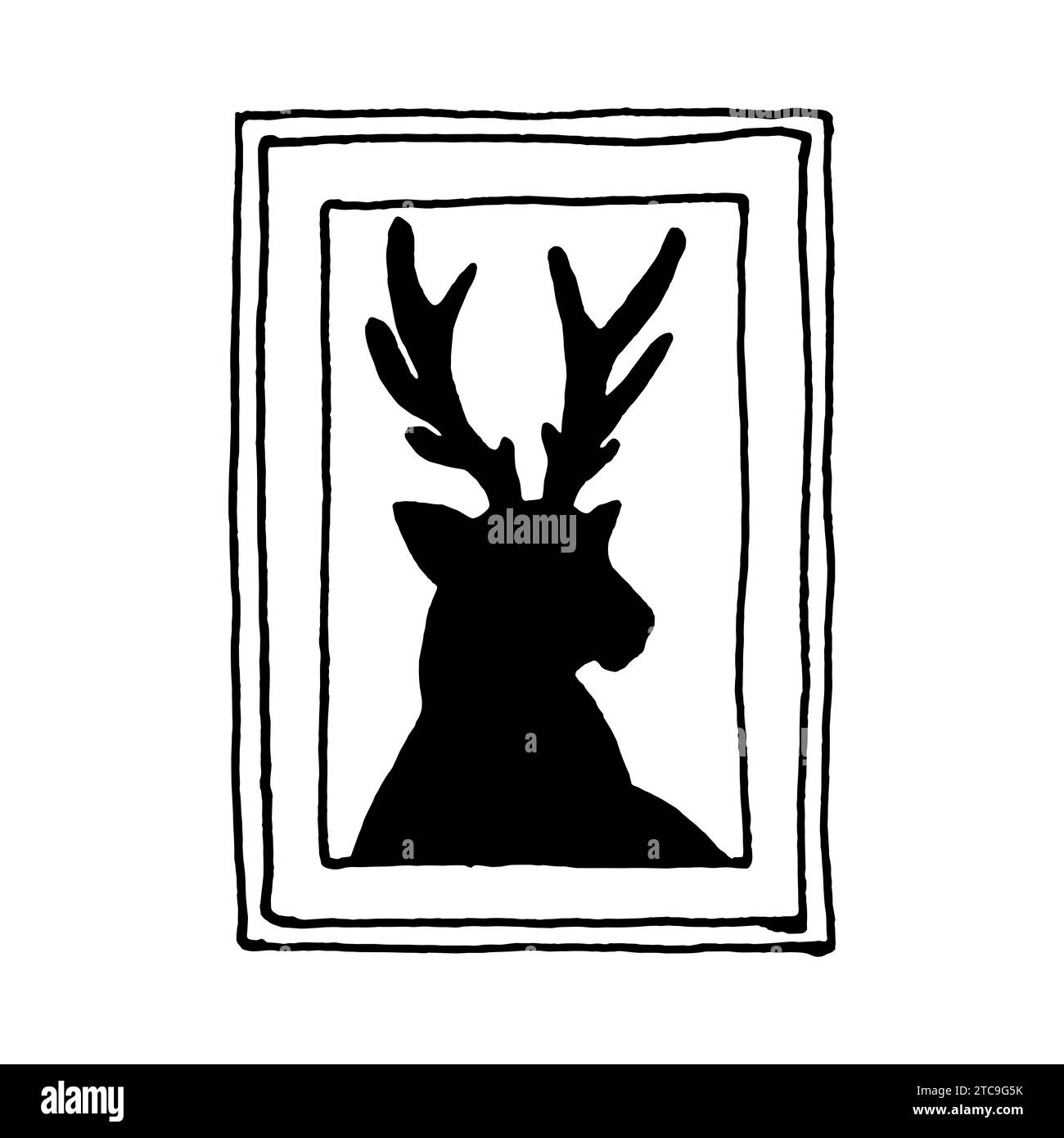 Malen mit einem Hirsch. Leinwandkunst der Tiermalerei zur Dekoration. Schwarz-weiß-Stil. Eine einfache Handzeichnung mit Linien. Lineare Silhouette mit schwarzer Kontur Stock Vektor