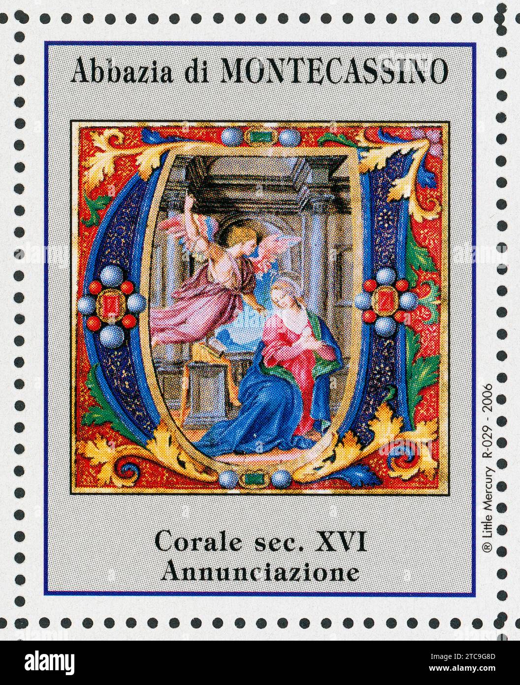 Die Verkündigung. Briefmarken der Abtei von Montecassino. Chor aus dem 16. Jahrhundert. Stockfoto