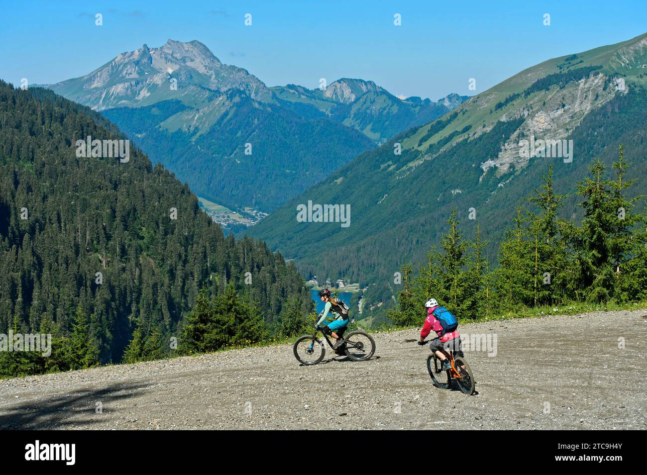 Zwei Mountainbiker auf Einer Abfahrt im Chablais Geopark, Montriond, Chablais, Frankreich Stockfoto