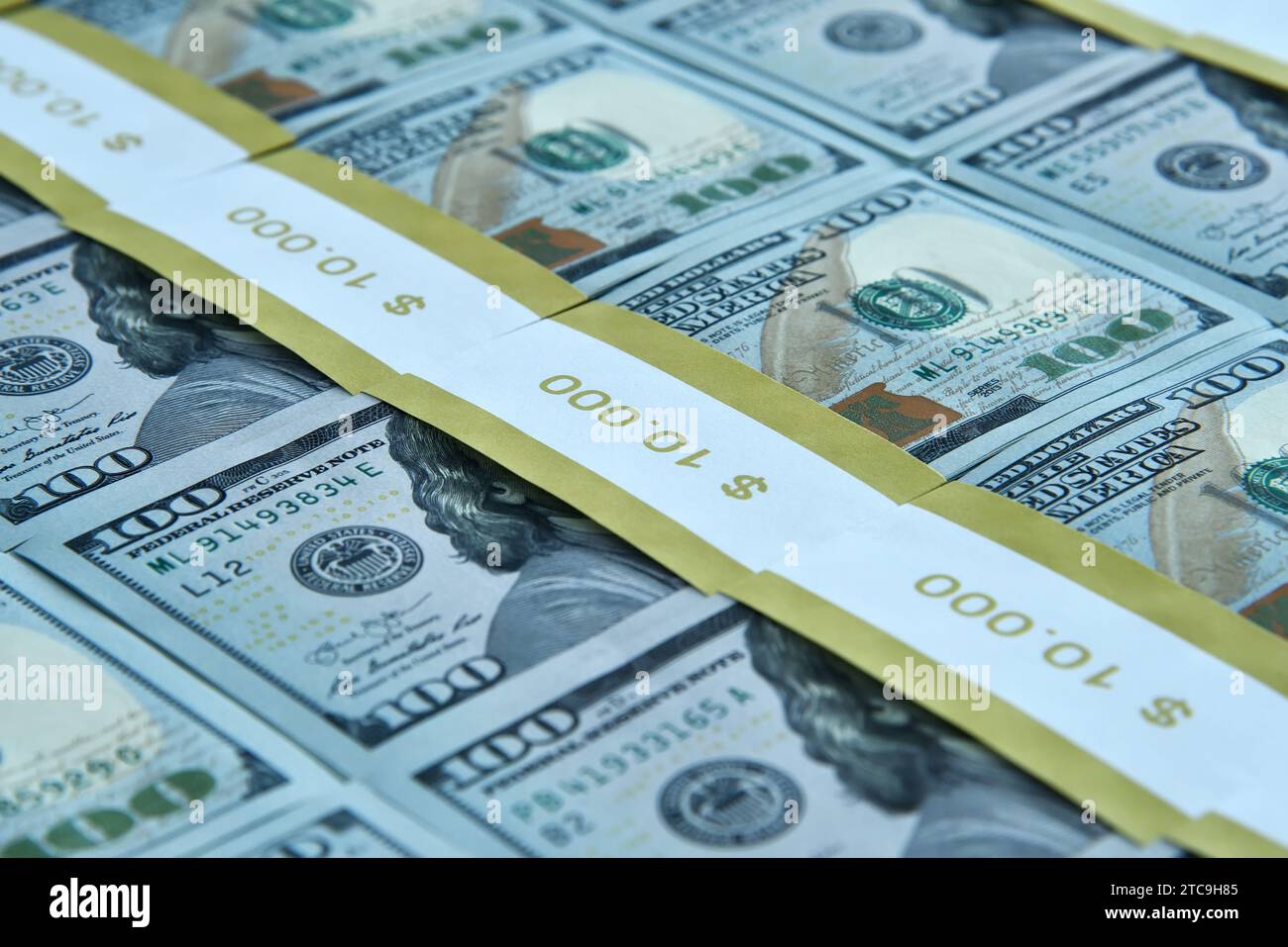 Bundles von US-Dollar-Banknoten Hintergrund. Business, Finance und Economic Success Konzept. Nahaufnahme Stockfoto