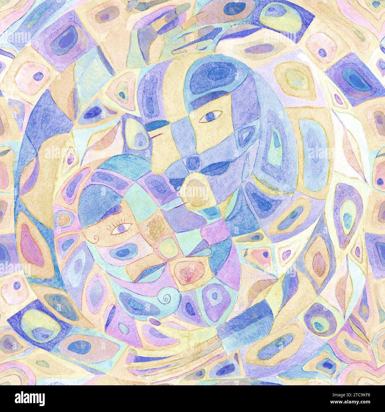 Abstrakter Aquarellsymbolismus mehrfarbiger Hintergrund. Handgezeichnet ruhige Farbflecken nahtloses Muster. Aquarellabstraktion. Mann, Frau, Yin und Yang h Stockfoto