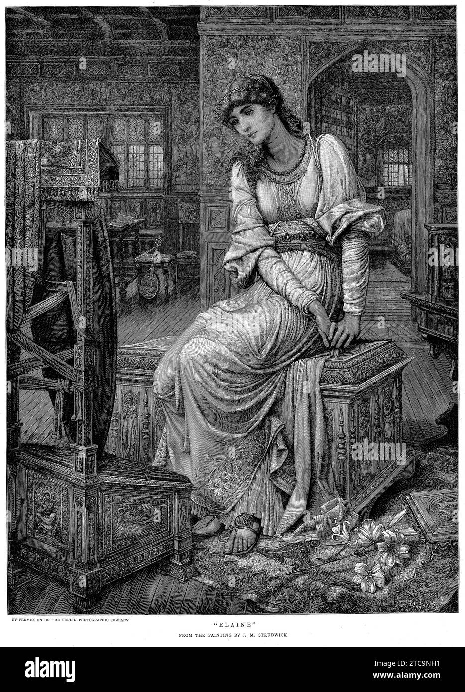 Porträt von Elaine nach dem Gemälde von Strudwick. Die Geschichte von Elaine – das Thema von John Melhuish Strudwicks Gemälde von 1891 – wird von Tennyson im siebten Buch von Idylls des Königs, „Lancelot and Elaine“, erzählt. Elaine war die Tochter von König Pelles, Lord von Astolat. Einige Zeit zuvor war Sir Lancelot, als er zu einer Joust nach Camelot reiste, auf die Burg Astolat gekommen und von Pelles und seinen beiden Söhnen und seiner Tochter empfangen worden. Lancelot hatte seinen Schild mit dem von Pelles Sohn Sir Torre ausgetauscht, damit Lancelot bei der Teilnahme erscheinen konnte, ohne erkannt zu werden. So war es Stockfoto