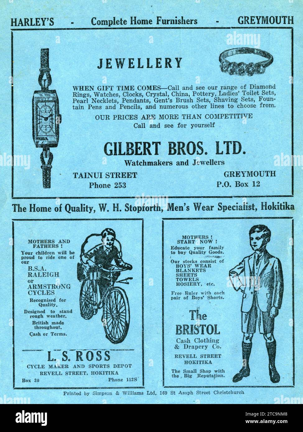 Werbung auf einem Schulübungsbuch, gedruckt in Hokitika, Neuseeland, um 1930 Stockfoto