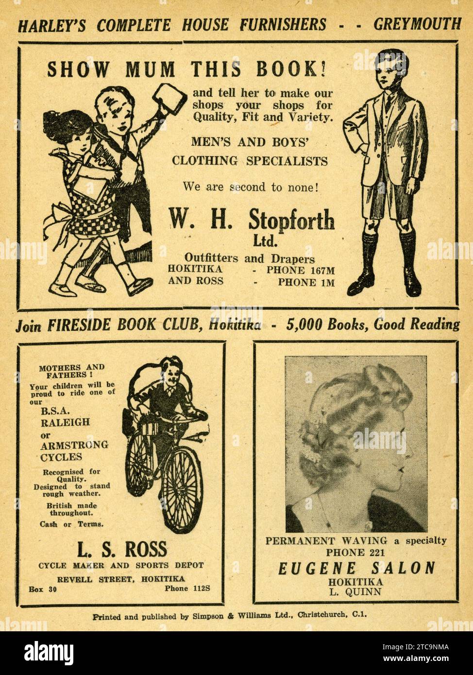 Werbung auf einem Schulübungsbuch, gedruckt in Hokitika, Neuseeland, um 1930 Stockfoto