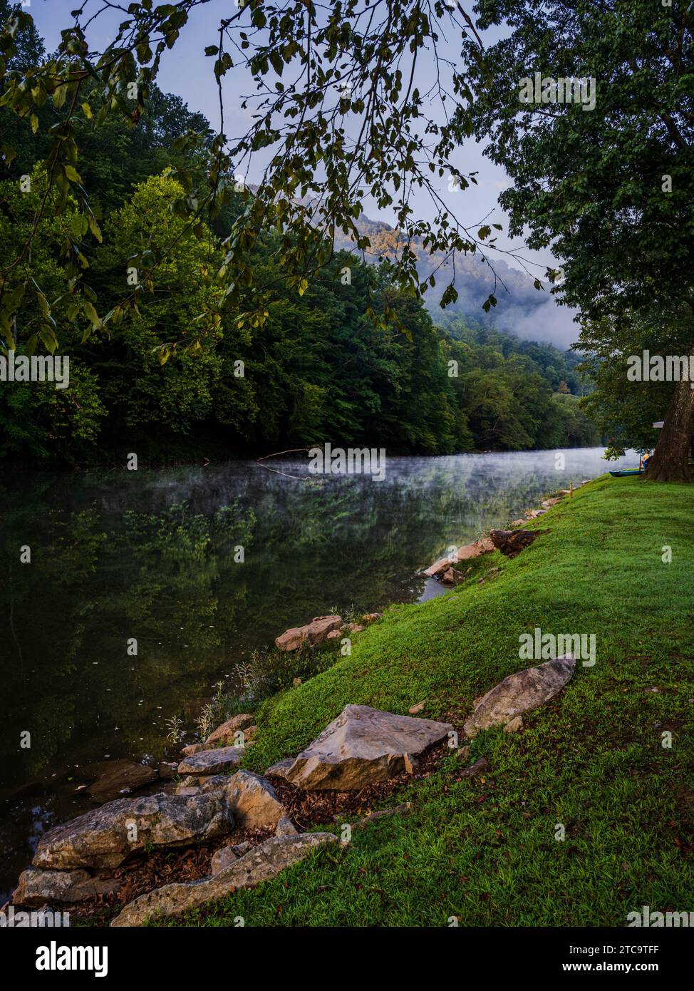 Eine ruhige Landschaft mit einem ruhigen Fluss, der sich durch eine üppige, bewaldete Gegend schlängelt Stockfoto