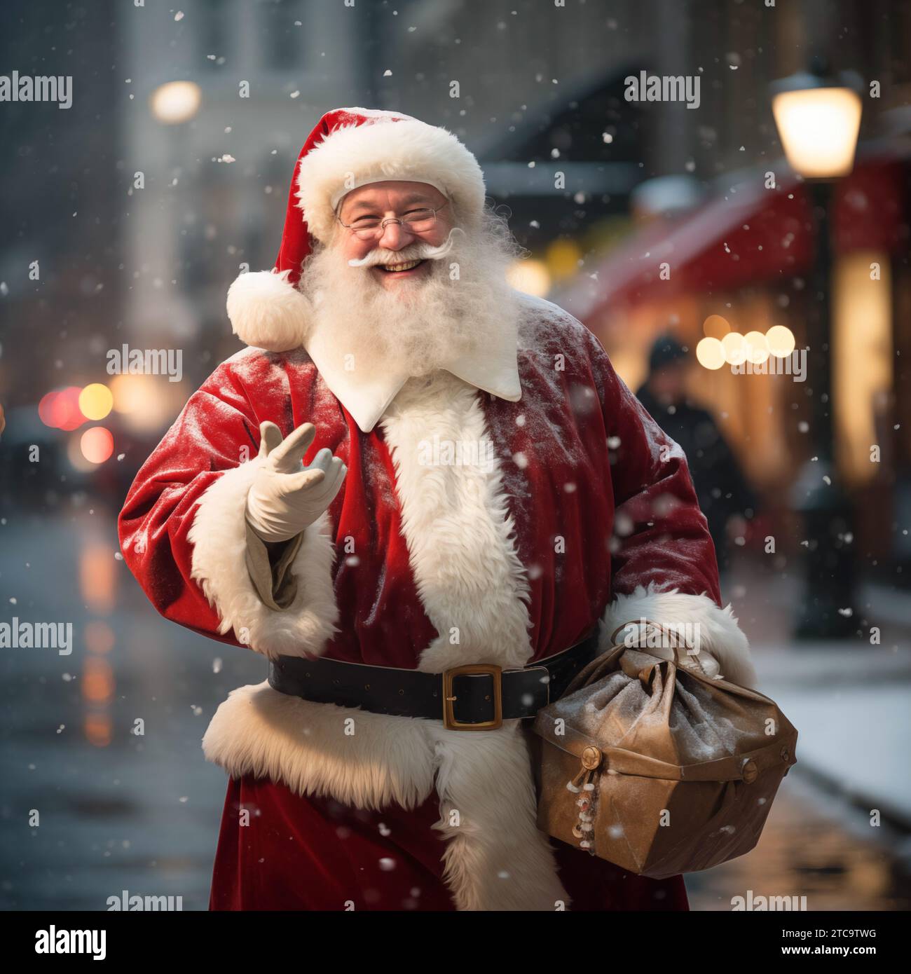 Ein Mann im festlichen Weihnachtsmann-Outfit wird bei einem Spaziergang auf der Straße gesehen Stockfoto