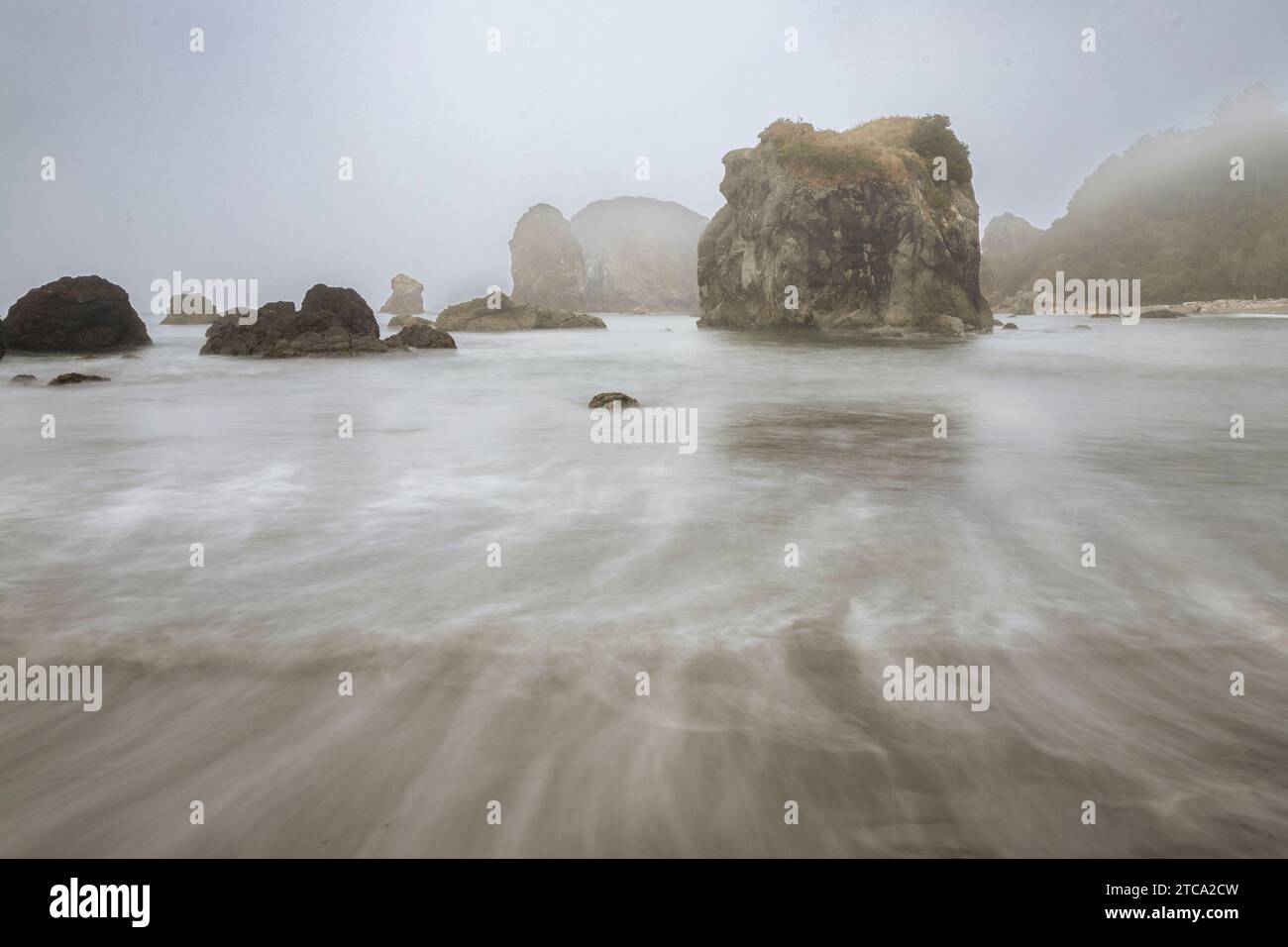 Im Nebel des Harris Beach State Park in Brookings, Oregon, USA, stapeln sich die Meere, die mit einer langen Exposition aufgenommen wurden, um die Wellen zu mildern. Stockfoto