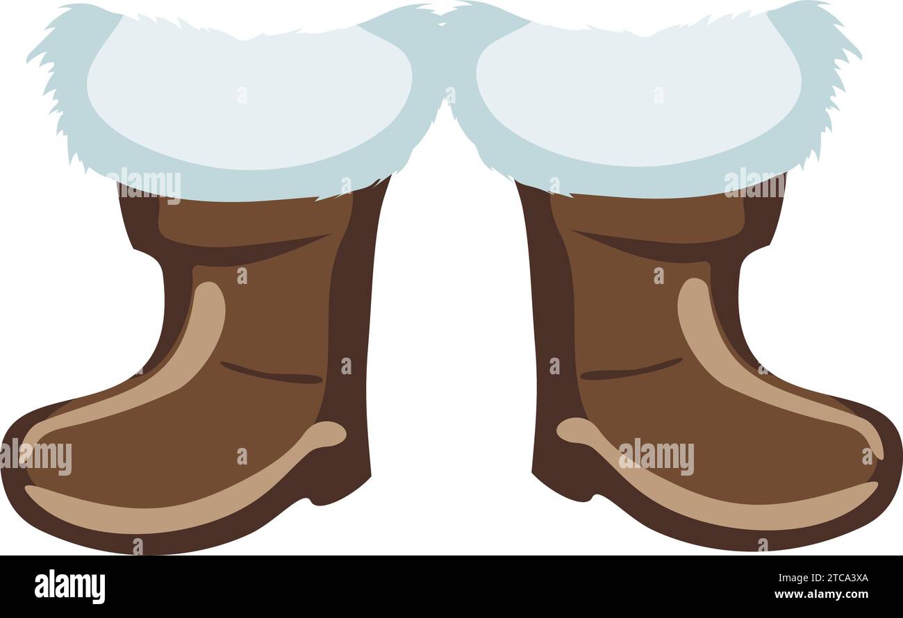 Stiefel des Weihnachtsmanns. Ein Paar braune, warme Lederstiefel mit Pelz. Schuhe für ein Karnevalskostüm von Santa Claus oder St. Nikolaus. Symbol für Weihnachten und N Stock Vektor