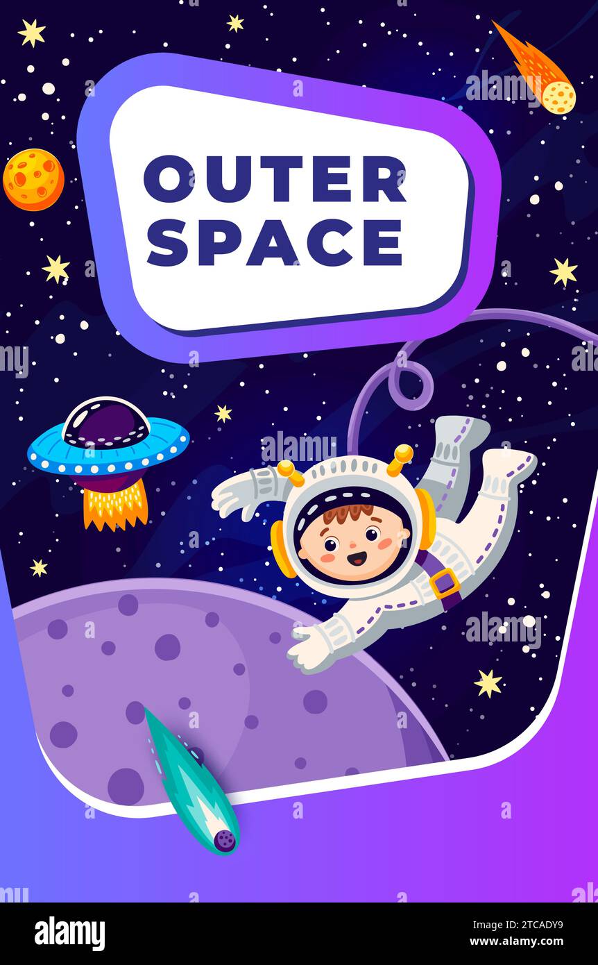 Cartoon-Weltraumlandschaft, Kinderastronaut mit UFO, Kometen und Galaxienplaneten, Vektorplakat. Ein kleiner Raumfahrer im Raumflug zu Sternen, galaktischen Planeten mit Asteroiden und Kometen im Himmelshintergrund Stock Vektor