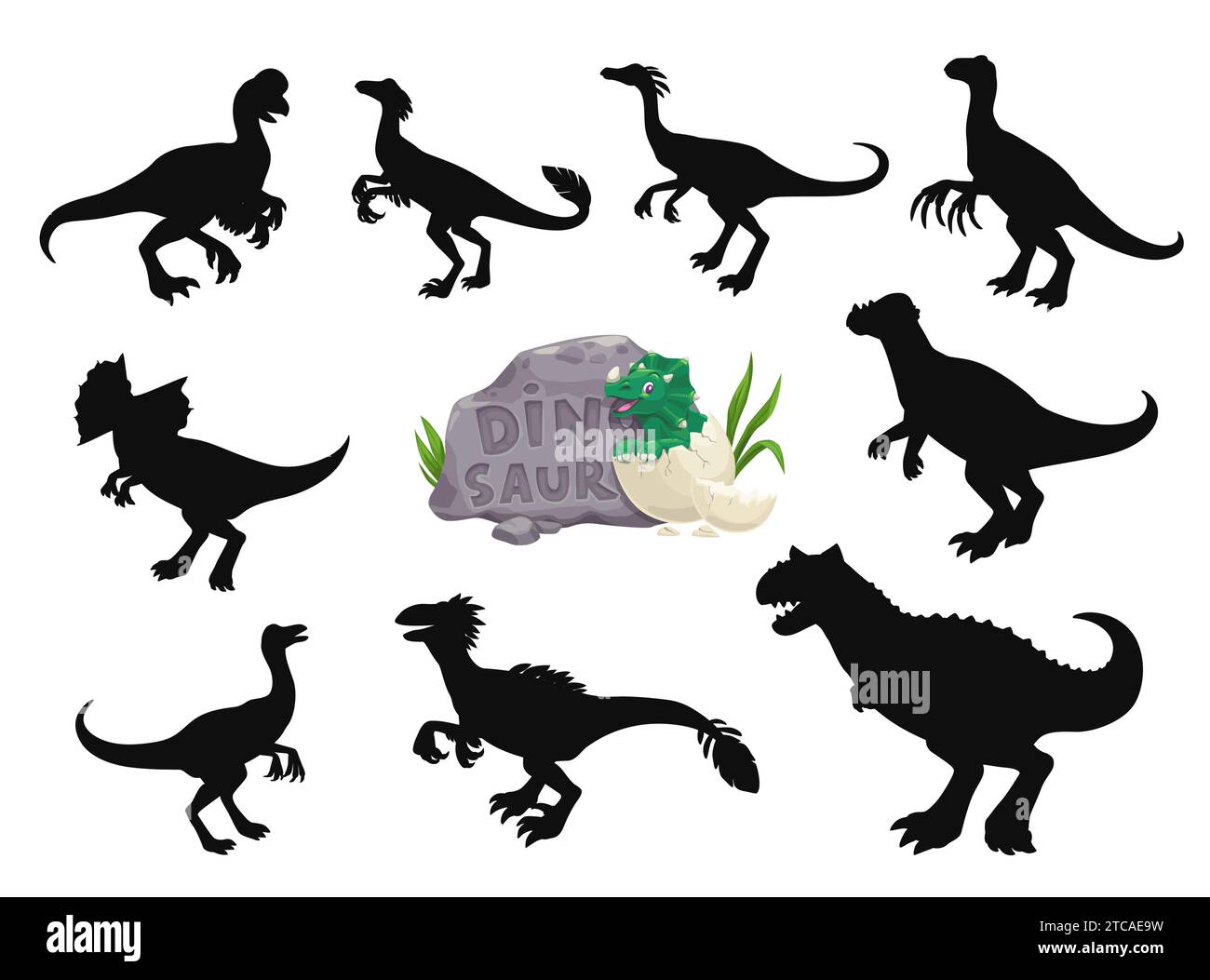 Cartoon-Dinosaurier lustige Charaktere Silhouetten. Ausgestorbenes Reptil, Jurassic Dinosaurier Vektor Maskottchen. Carnotaurus, Oviraptor, Pachycephalosaurus und Dilophosaurus, Compsognathus, Gallimimus süße Persönlichkeit Stock Vektor
