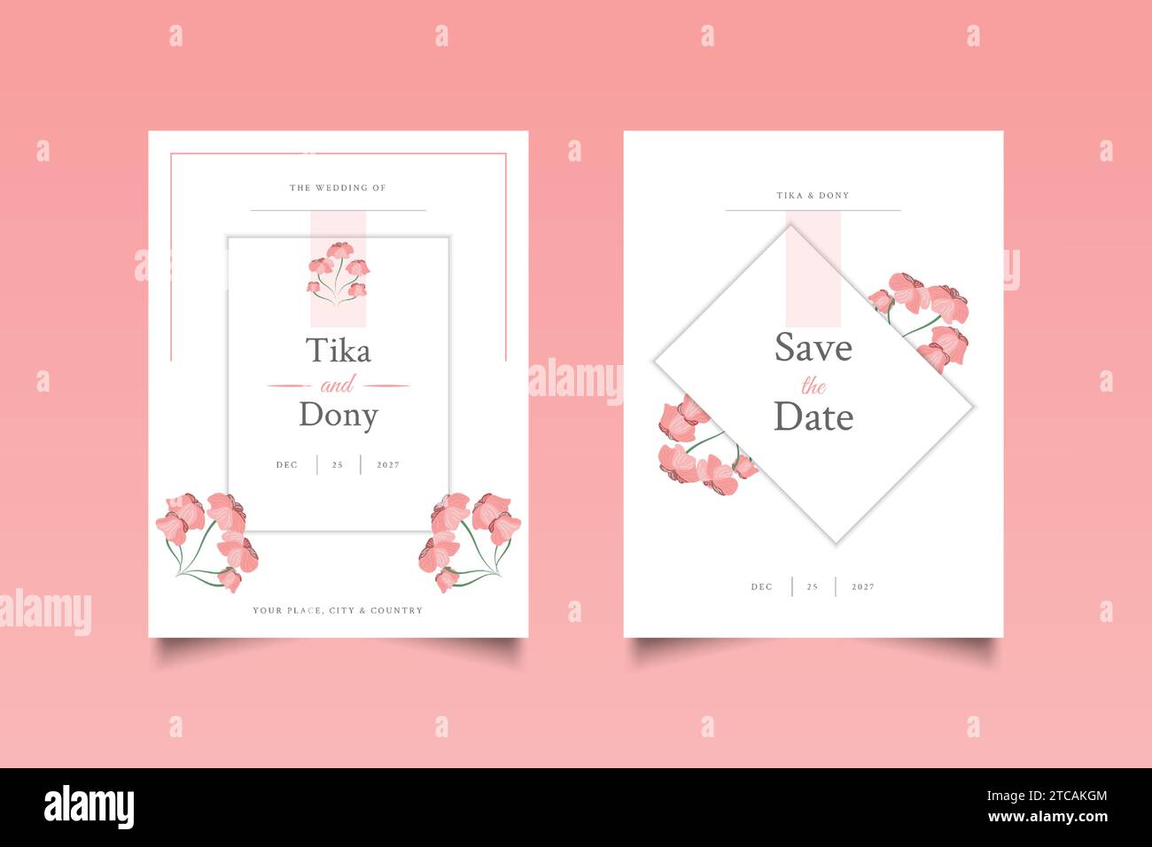 Wunderschöne Hochzeitseinladungskarten mit Blumenschmuck Stock Vektor