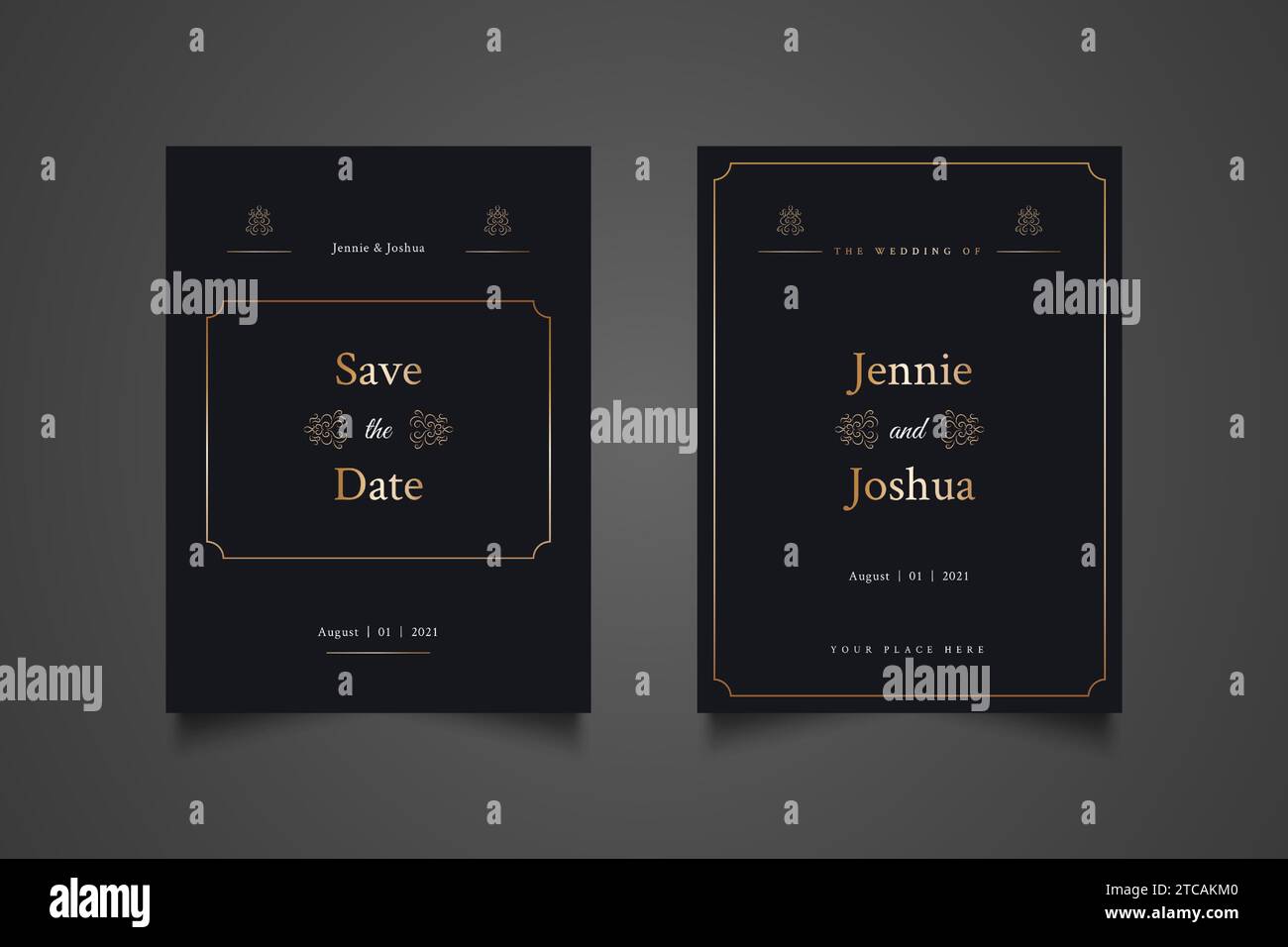 Luxuriöse Hochzeitseinladungskarte in Schwarz und Gold mit minimalistischem Konzept Stock Vektor