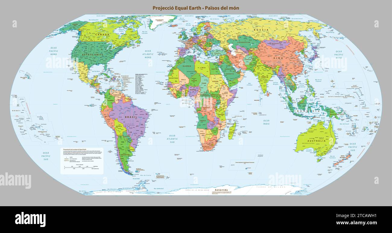 Katalanische Sprache politische Karte der Welt gleiche Erdprojektion Stock Vektor